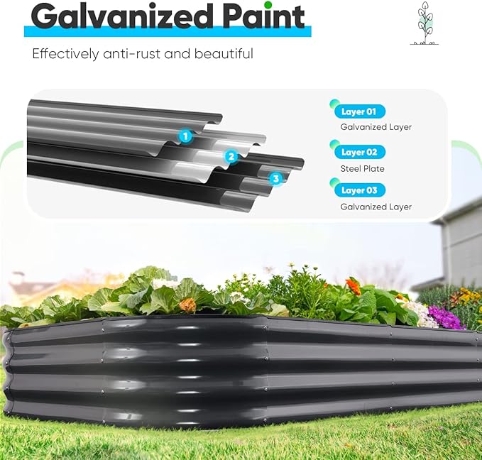 Quictent Galvanized Raised Garden Bed Kit, 8x4x1 ft Oval Metal Planter Box for Vegetables, Rubber Strip Edging Included (Dark Gray)