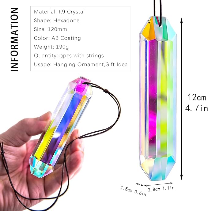 HDCRYSTALGIFTS 3 Pack 5" Large Crystal Sun Catcher Prisms for Windows, AB Colored Suncatcher Crystals Window Indoor Hanging Rainbow Maker Prisms for Home Garden Decor
