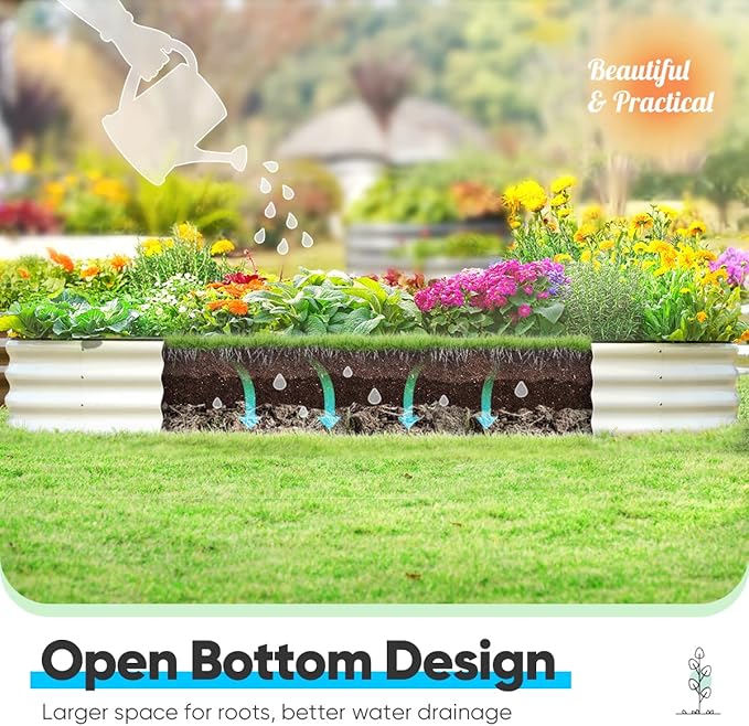 Quictent Galvanized Raised Garden Bed Kit, 8x4x1 ft Oval Metal Planter Box for Vegetables, Rubber Strip Edging Included (Beige)