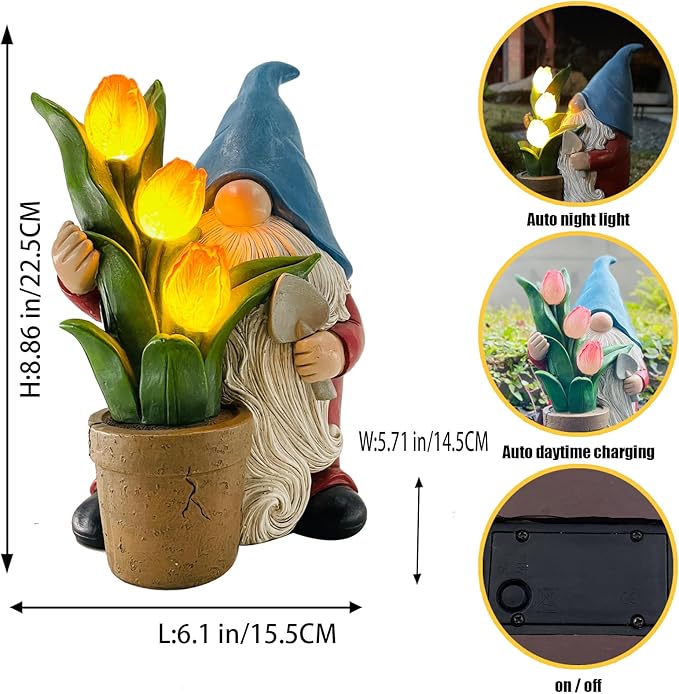 Garden Gnome Statue, Sculpture of a Dwarf Holding a Shovel and a Flower Pot, Solar Gnome Statues Outdoor Decor, Outside Lawn Patio Yard Ornament Gifts
