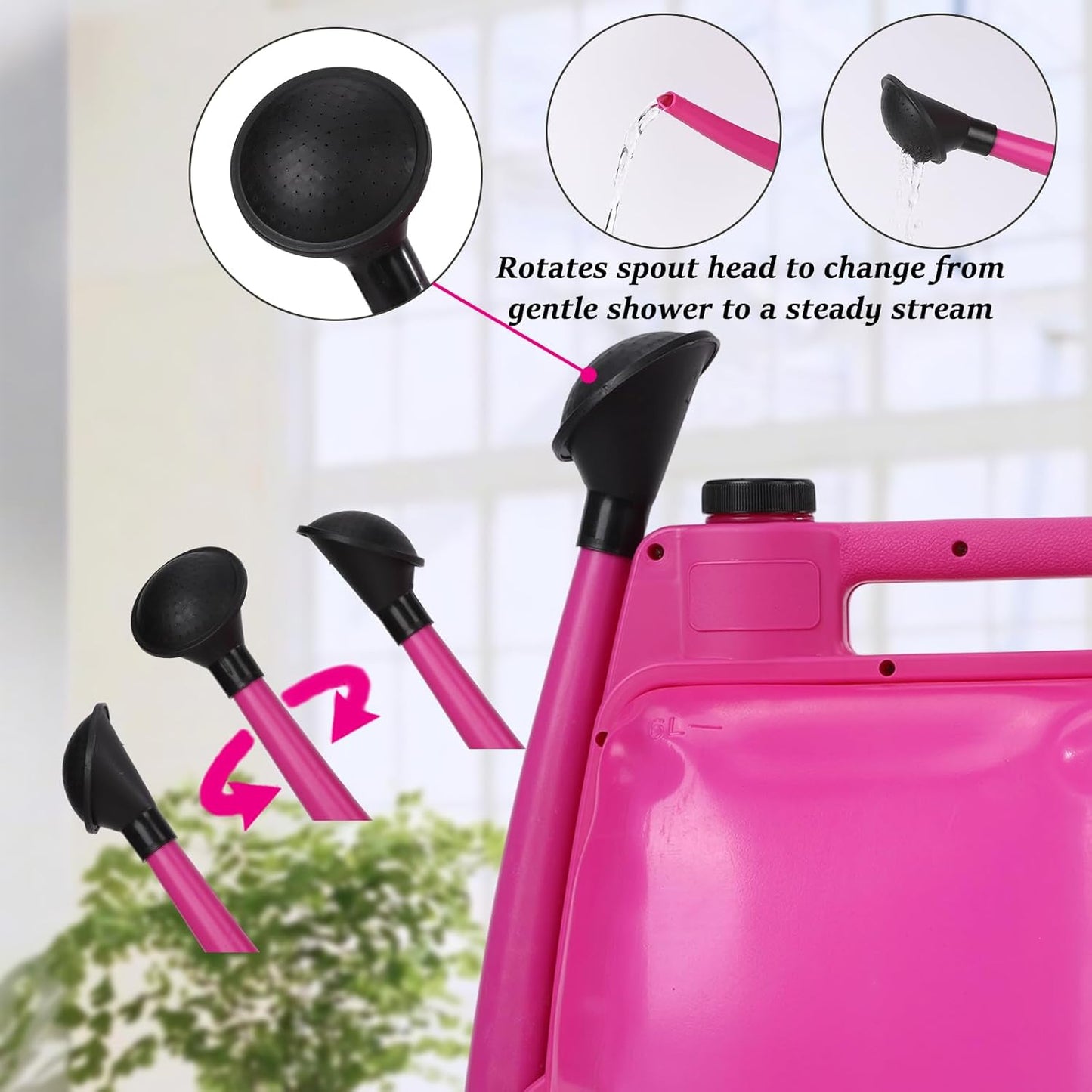 Watering Can 1.6Gal Transparent Plastic with Comfort Grip Handle for Indoor & Outdoor Plants（Rose Red）