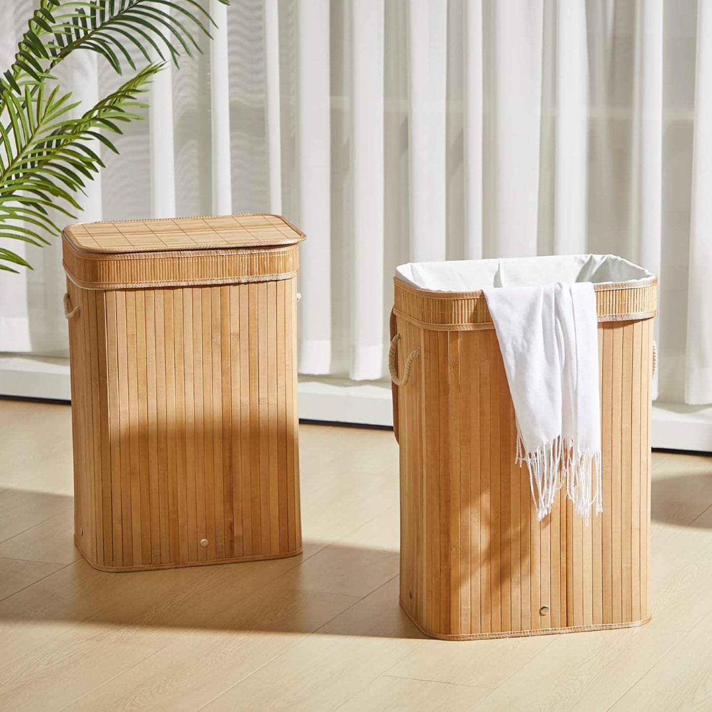 1 Pack Bamboo Slim Trash Can with Lid, 21 Gallon Large Foldable Slim Rectangular Garbage Can Bamboo Waste Basket for Bathroom Bedroom Office Home Salon Spa (23.6×15.8×11.8inches,Wooden Color)