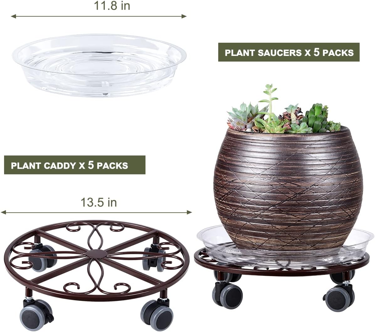 5 Pack Plant Caddy with Wheels Heavy Duty 13.5 Inches Metal Plant Stand with Wheels Plant Dolly Rolling Plant Stand Plant Roller with Casters for Indoor and Outdoor, Bronze