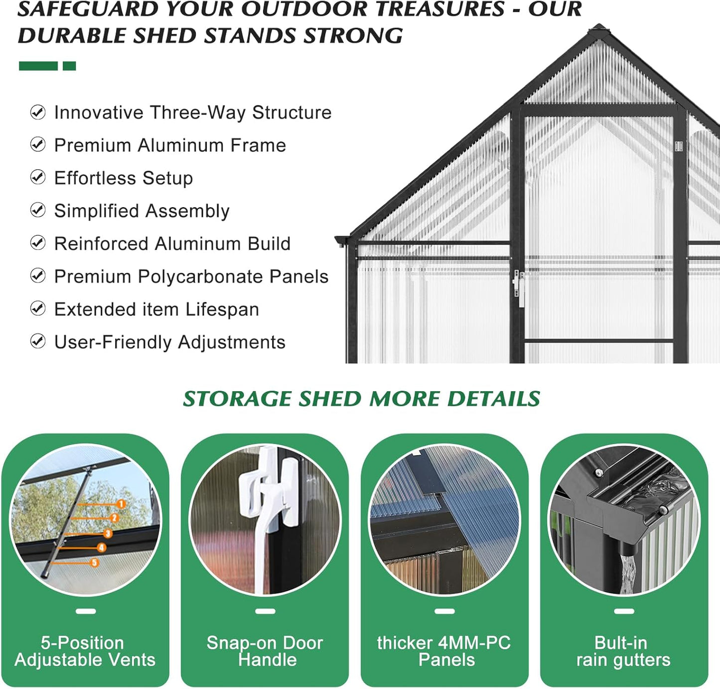 6'x10' Snap-Together Greenhouse - Easy 3-Way Connectors, Heavy-Duty Aluminum Frame, Wind/Snow Resistant for Gardening/Urban Farming, Includes Sliding Door & Ventilation Windows