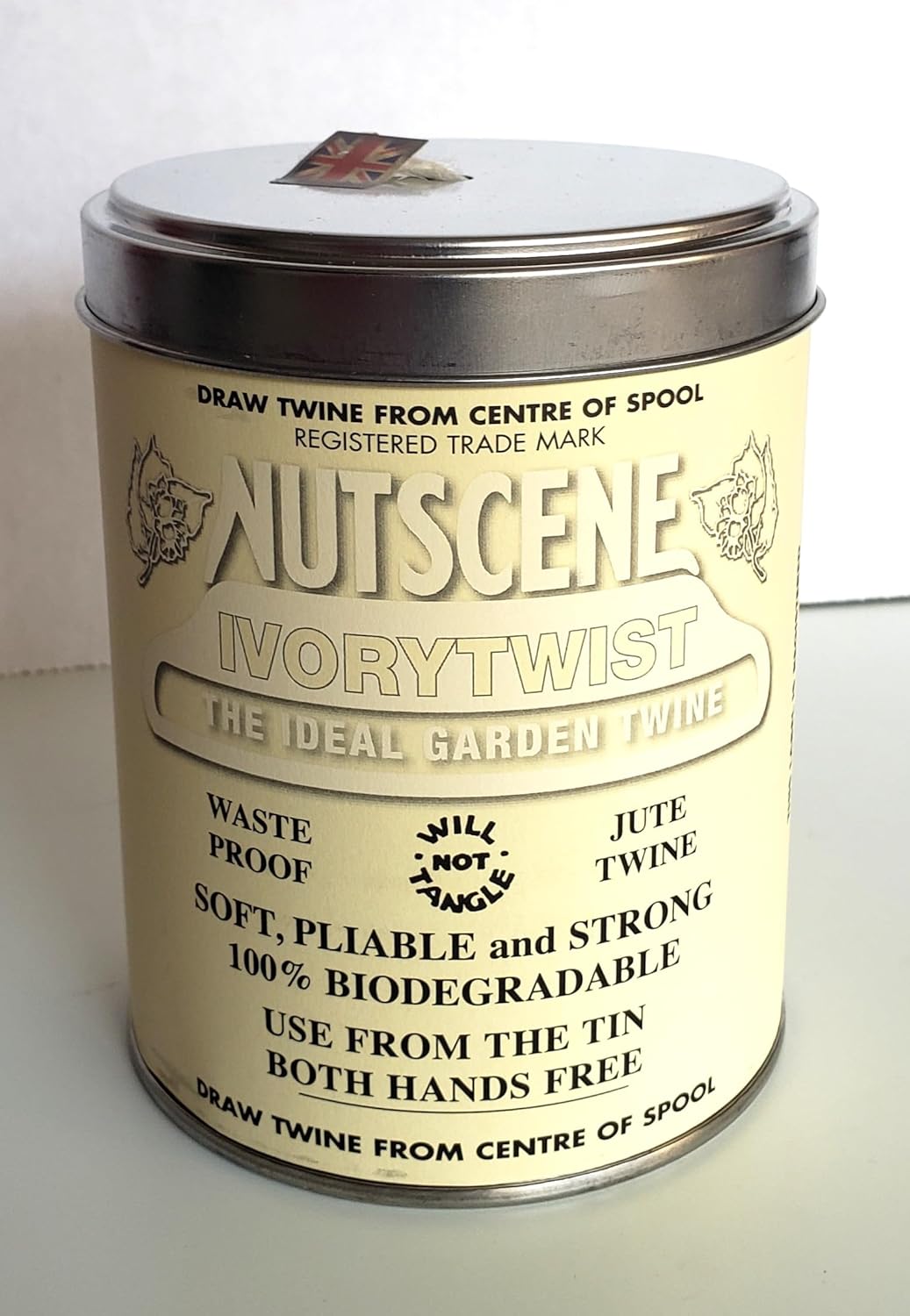 NUTSCENE Iconic Tin (Tin ‘O’ Twine) with Their Heritage Scottish Jute Twine and Hole in Top for Easy Dispensing. 14+ Colors to Choose from. 164 Yards. (Ivory)