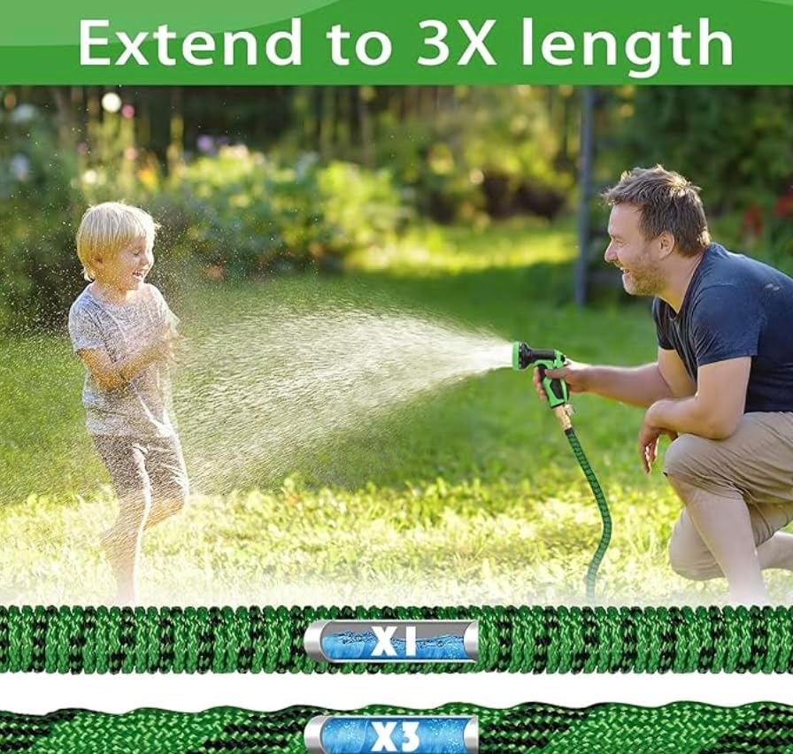 J&B XpandaHose 50ft Expandable Garden Hose with Holder - Heavy Duty Superior Strength 3750D - 4 -Layer Latex Core - Extra Strong Brass Connectors and 10 Spray Nozzle w/Storage Bag (Green 50)