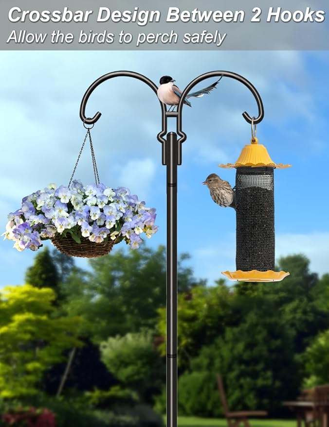 Outdoor Double Shepherds Hook with 5 Prong Base, 92 Inch Adjustable Heavy Duty Two Sided Bird Feeder Pole Stand for Hanging Plant Baskets, Solar Light Lanterns, Hummingbird Feeder, 2 Pack