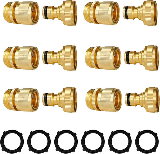 Hourleey Garden Hose Quick Connect, 6 Set Solid Brass 3/4 Inch GHT Thread Garden Hose Quick Connect Fittings, No-Leak Male and Female Water Hose Quick Release Connectors