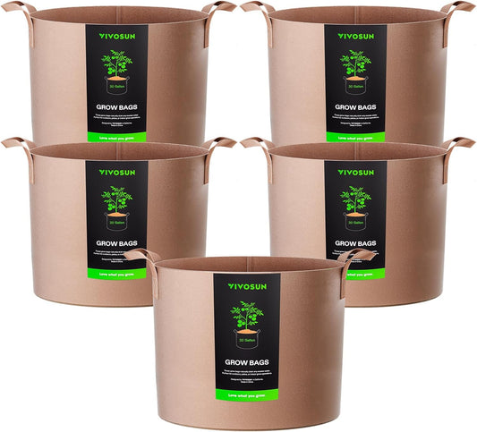 VIVOSUN 5-Pack 30 Gallons Grow Bags Heavy Duty Thickened Nonwoven Fabric Pots with Strap Handles Tan