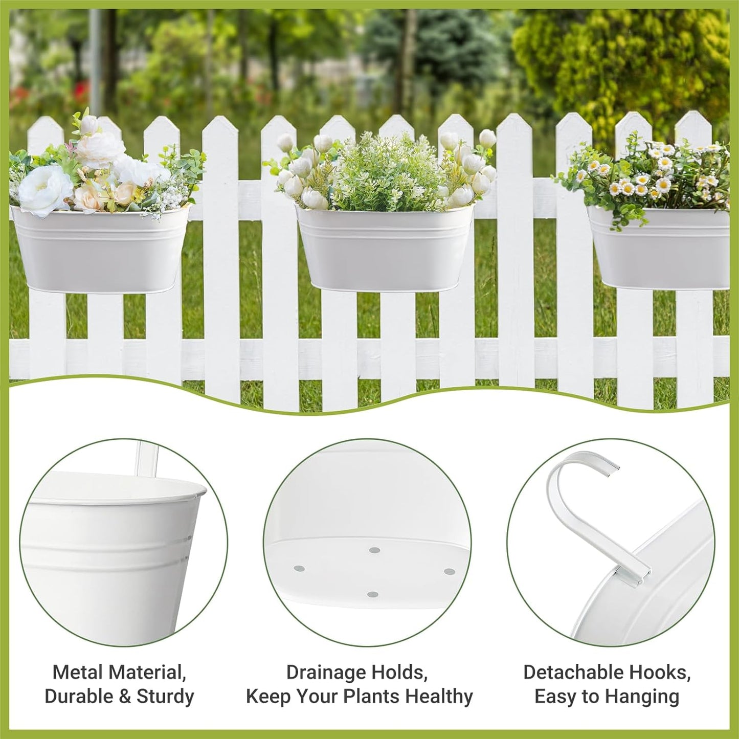 Dahey Metal Iron Hanging Flower Pots for Railing Fence Hanging Bucket Pots Countryside Style Outdoor Planter Window Flower Plant Holder with Detachable Hooks Home Decor,White,4 Pcs