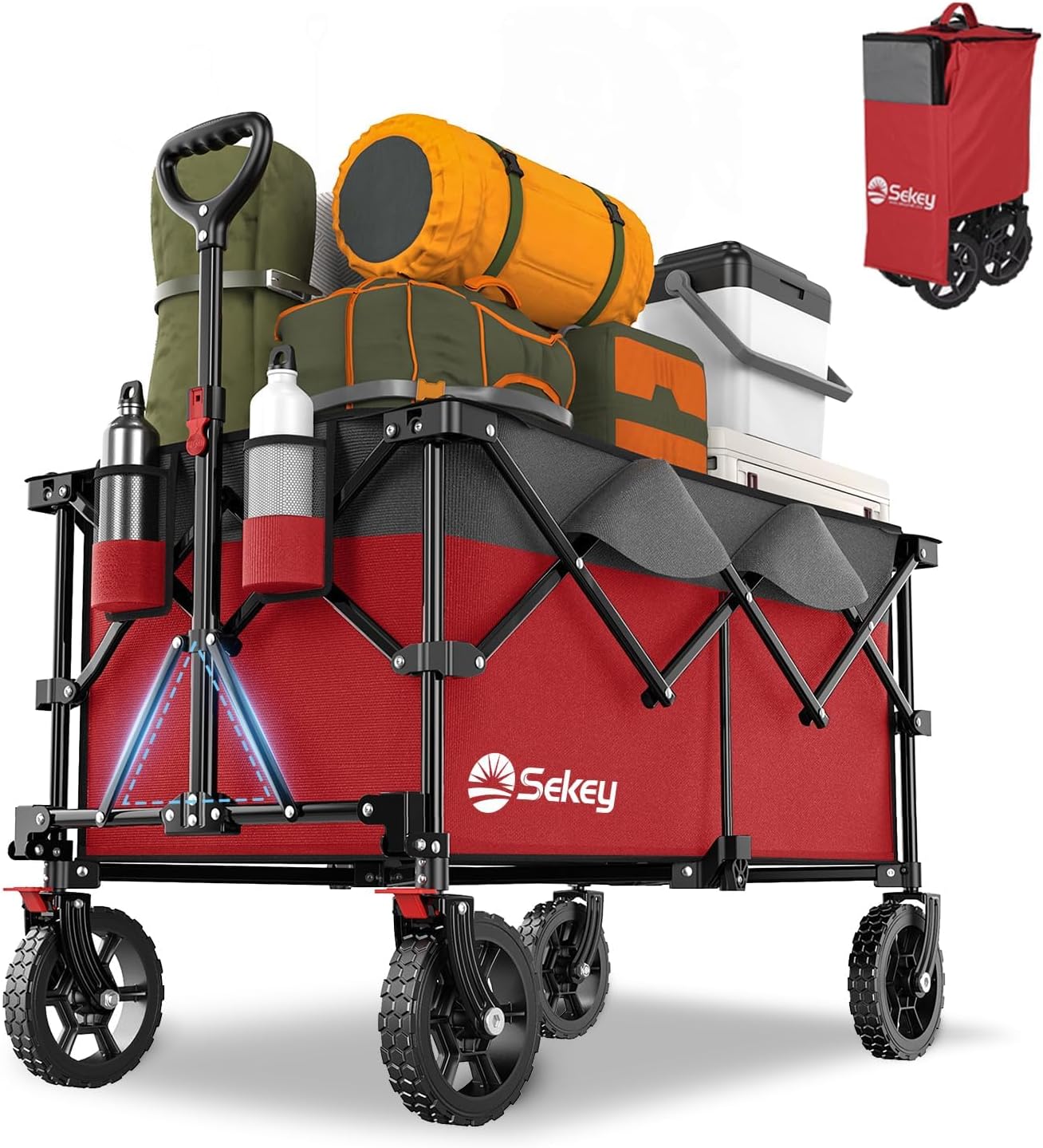 Sekey 220L Collapsible Foldable Wagon with 330lbs Weight Capacity, Heavy Duty Folding Wagon Cart with Big All-Terrain Wheels & Drink Holders (Red&Grey)