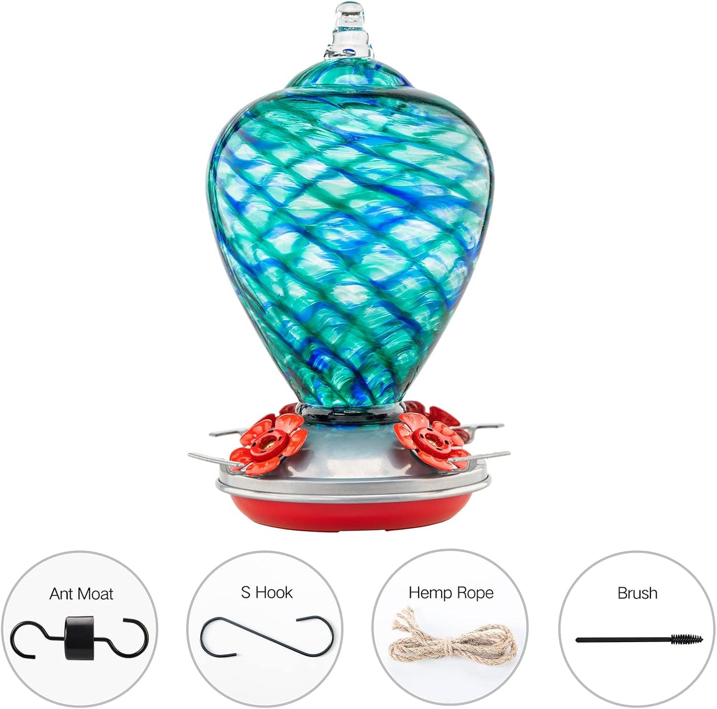 Hummingbird Feeders, 34OZ Hand Blown Glass Hummingbird Feeder for Outdoors Hanging with Ant MoatHooks, Perfect for Gardening Yard Patio Decor Gifts (Blue Mermaid)