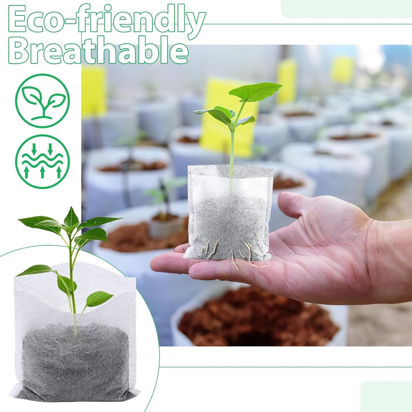 Augshy 200Pcs Nursery Growing Bags, Non-Woven Fabric Seedling Pots for Planting Seed Starting Pots Pouches for Vegetable Flower Fruit Saplings Tree (4.2" x 4.2")