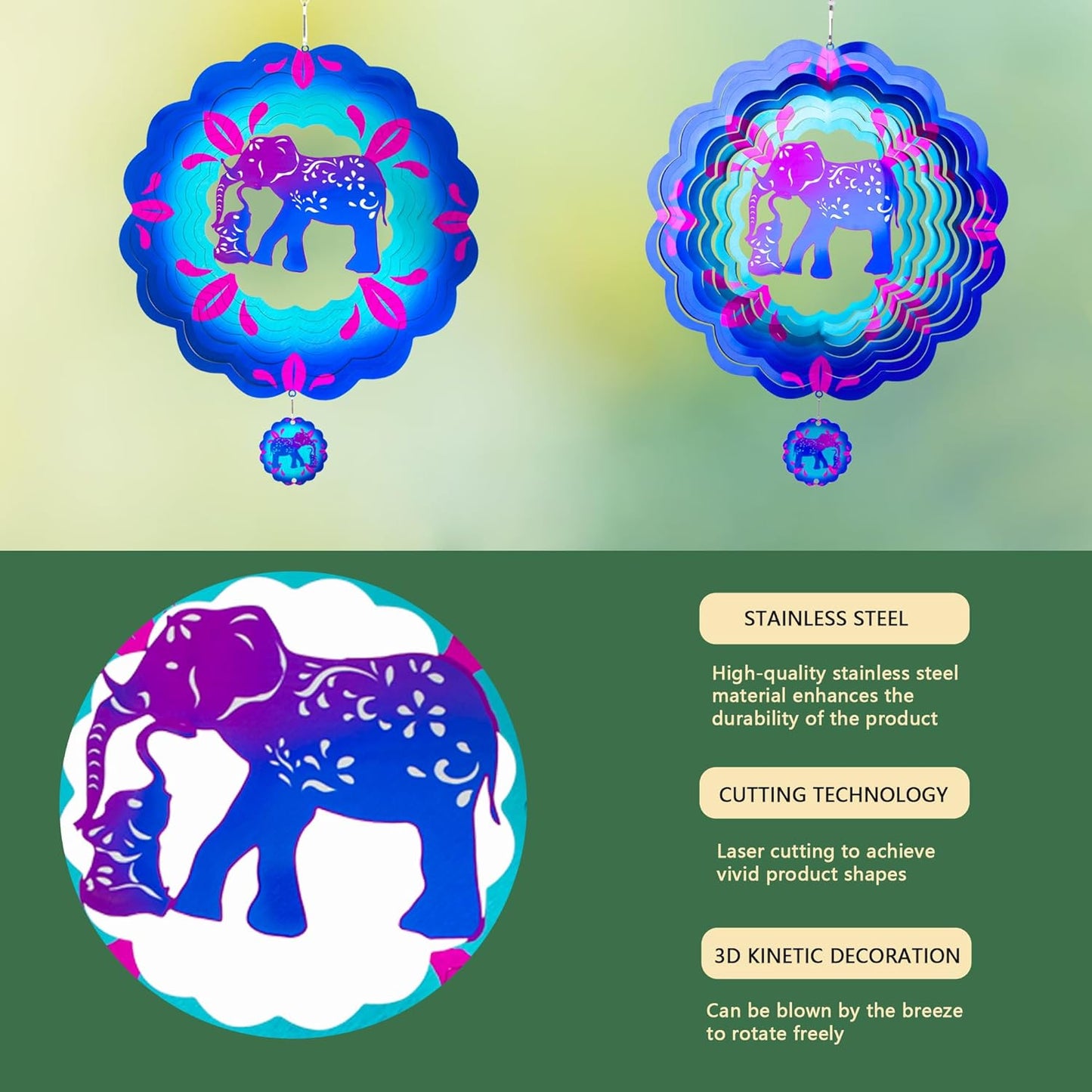 12 inch Elephant 3D Stainless Steel Wind Spinners, Hanging Garden Spinner Kinetic Art Garden Decorations, Reflective Wind Sculpture for Indoor/Outdoor Decor