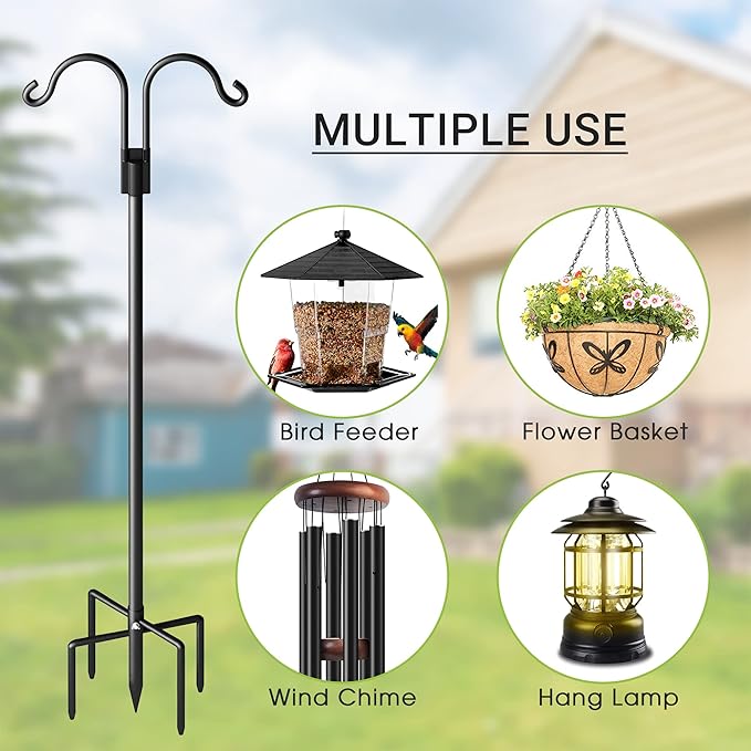 Double Shepherds Hooks for Outdoor, Heavy Duty Bird Feeder Pole with 5 Prong Base, Adjustable Shepards Hook for Outside, Garden, Weddings, Hanging Plant, 2 Pack