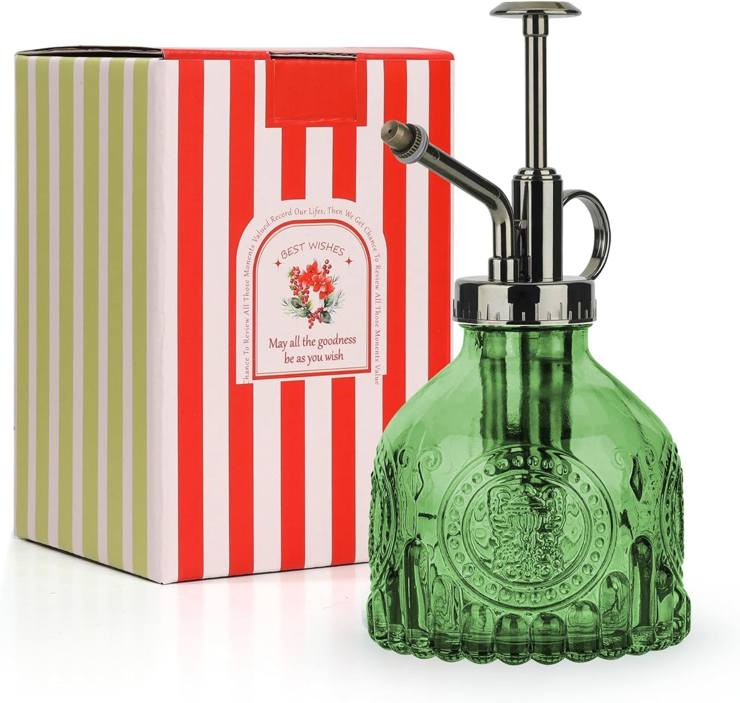 T4U Glass Plant Mister 200ML, Vintage Spray Bottle with Top Pump, Fine Mist Garden Flower Sprayer Small Decorative Spritzer Watering Can Gift for Indoor Outdoor Succulent House Plant (Green)