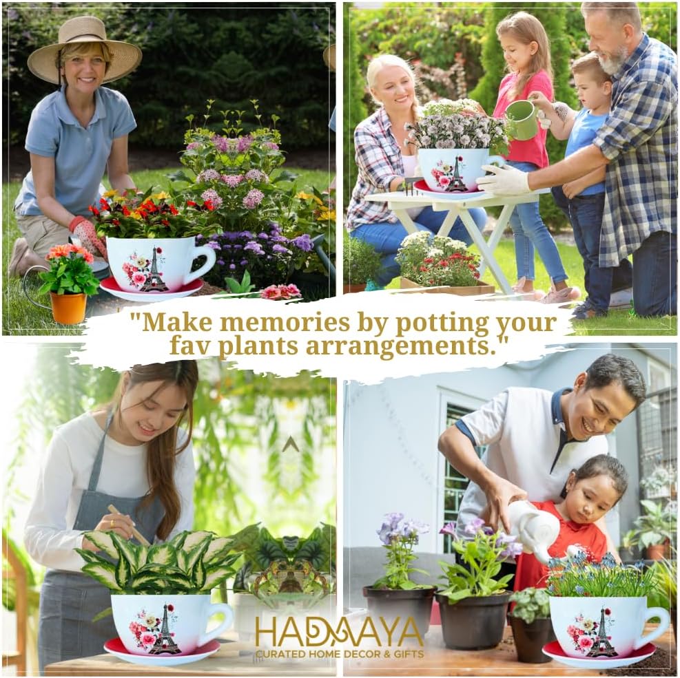 7.5" Ceramic Teacup Planter Pot with Saucer | Ideal for Succulents, Orchids, Herbs & Flowers | Indoor & Outdoor Use | Thoughtful Gift for Wedding & Home Decor & More - RED - Paris Eiffel Tower