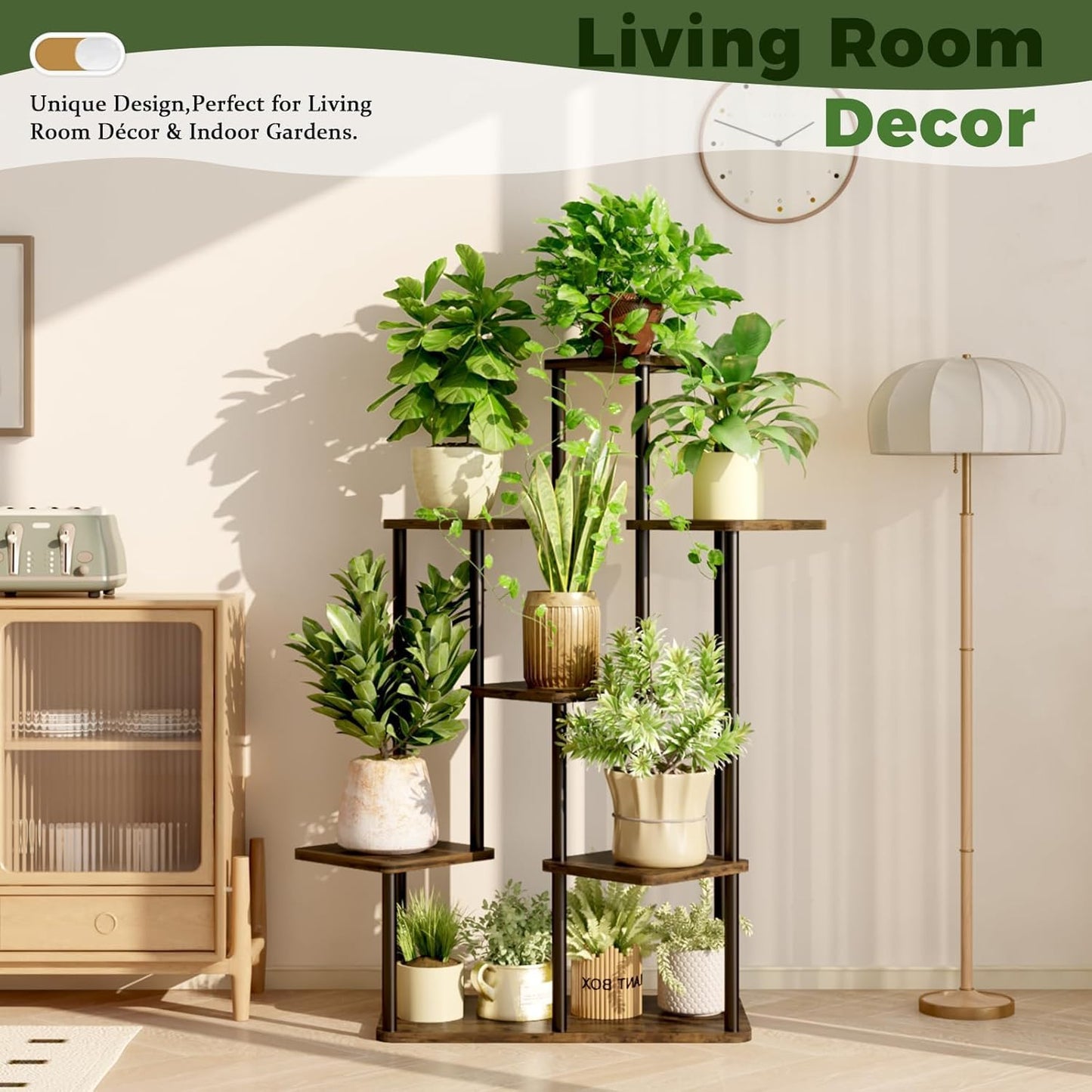 Tall Plant Stand Indoor 7 Tiered Plant Shelf for Multiple Plants Coner Shelf Stand Wood Plant Stand Metal Shelving for Living Room Bedroom Balcony Patio Brown Oak