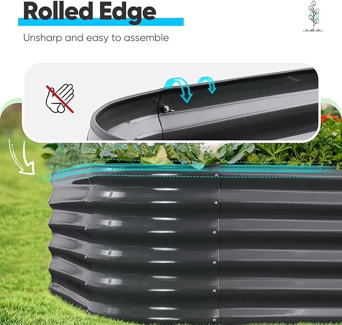 Quictent Galvanized Raised Garden Bed Kit, 6x3x1.5 ft Oval Metal Planter Box Tall for Vegetables Outdoor Backyard, Rubber Strip Edging Included, Dark Gray