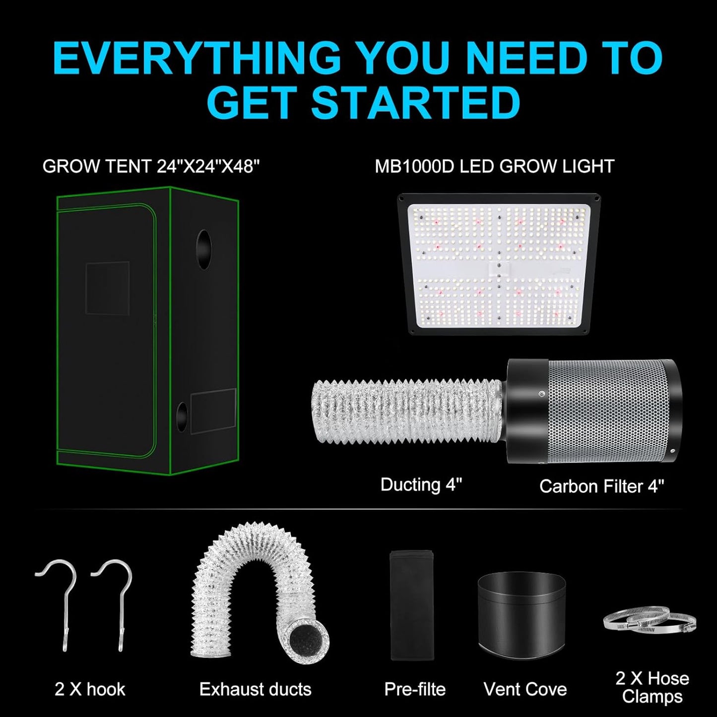 MELONFARM Grow Tent Complete System 2x2, Schedule Full Spectrum 100W LED Grow Light & Grow Tent Kit 24"x24"x48", 4" Adjustable Ventilation Kit, Noise-reducing Rubber Duct Connector
