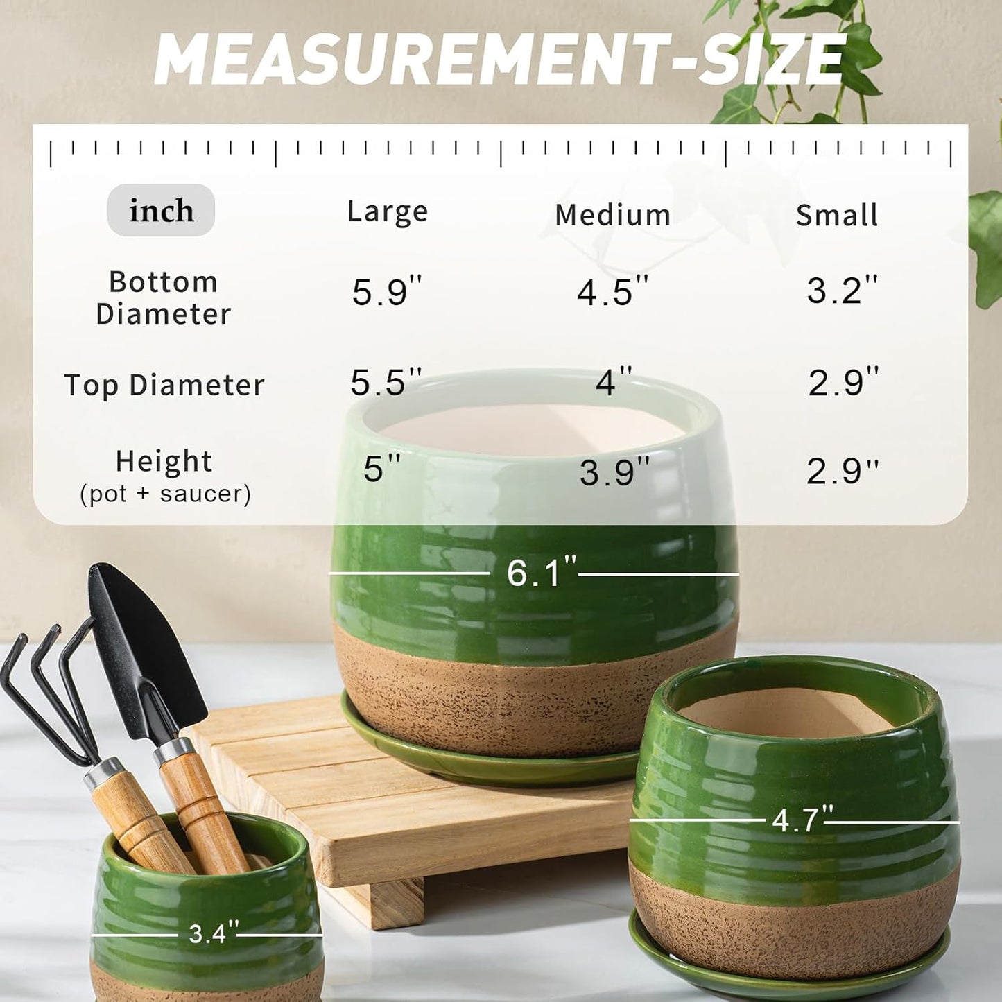 3 Piece Ceramic Small Planter for Indoor Plants - Succulent Plant Pots with Drainage Holes and Saucers - 3.4/4.7/6.1 inch Modern Decorative Small Flower Pots for Bamboo, Succulents and Herbs, Green