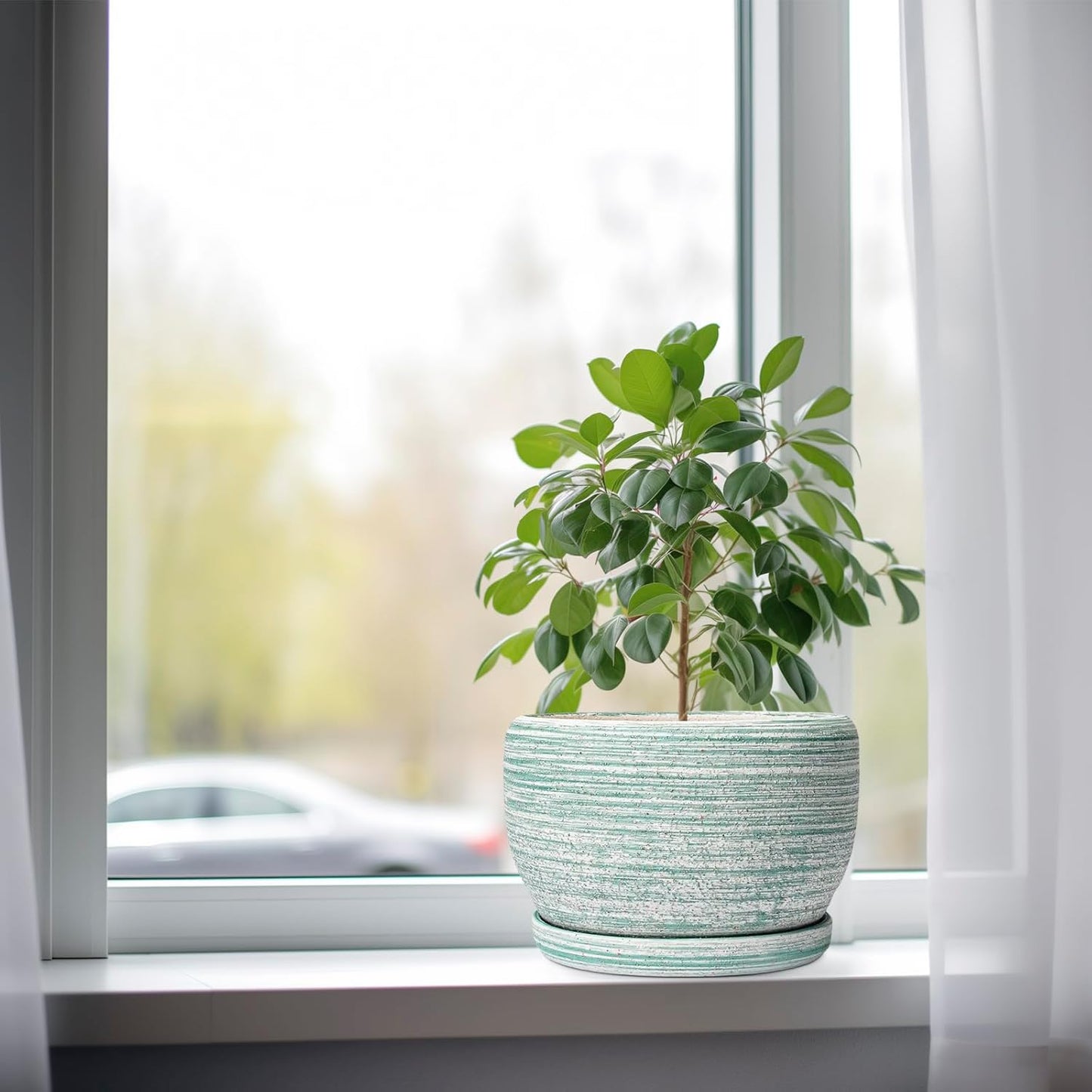 SQOWL Ceramic Planters for Indoor Plants - 8 inch Plant Pot Outdoor, Ceramic Flower Pot with Drainage Hole and Saucer, Round Modern Planter, Living Room Apartment Decor, Birthday Gifts, Green