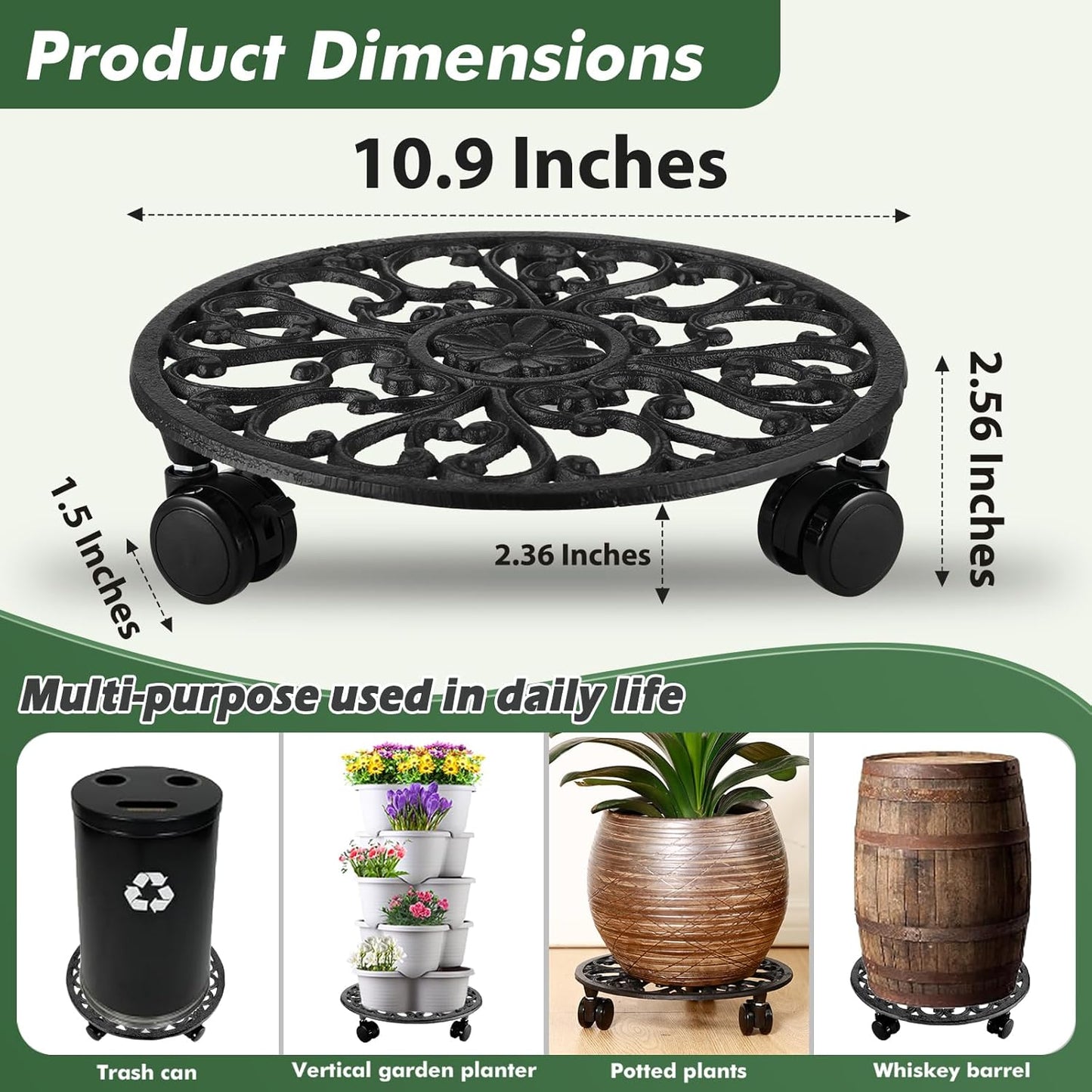 11 Inch Rolling Plant Stand with Wheels Wrought Iron Rolling Plant Stand with Casters Heavy Duty for Indoor Plants Rollers with Plant Saucers, Metal Round Plant Dolly 1 Pack