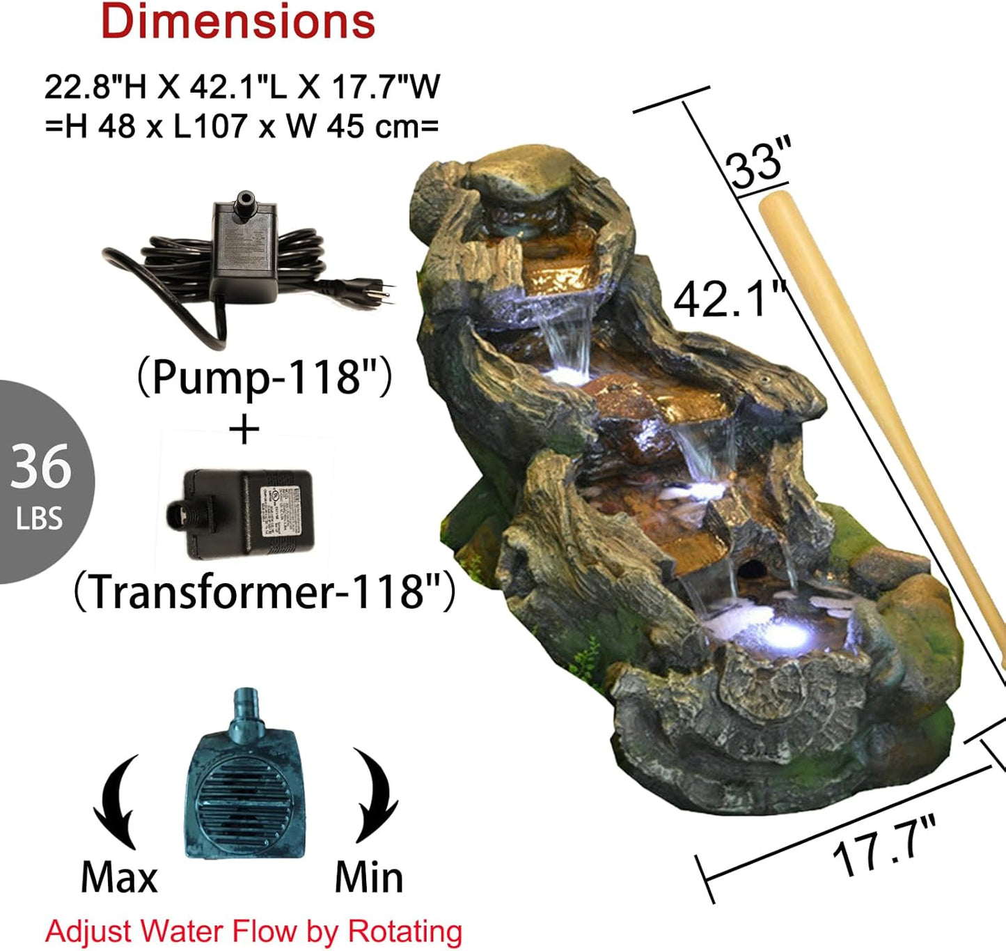 Garden Outdoor Water Fountain - 42.1 Inches Cascading Tiered Wood River Outdoor Fountain with LED Lights and Pumps for Garden, Patio, Backyard, Deck, Porch, Pond and Home Art Decor