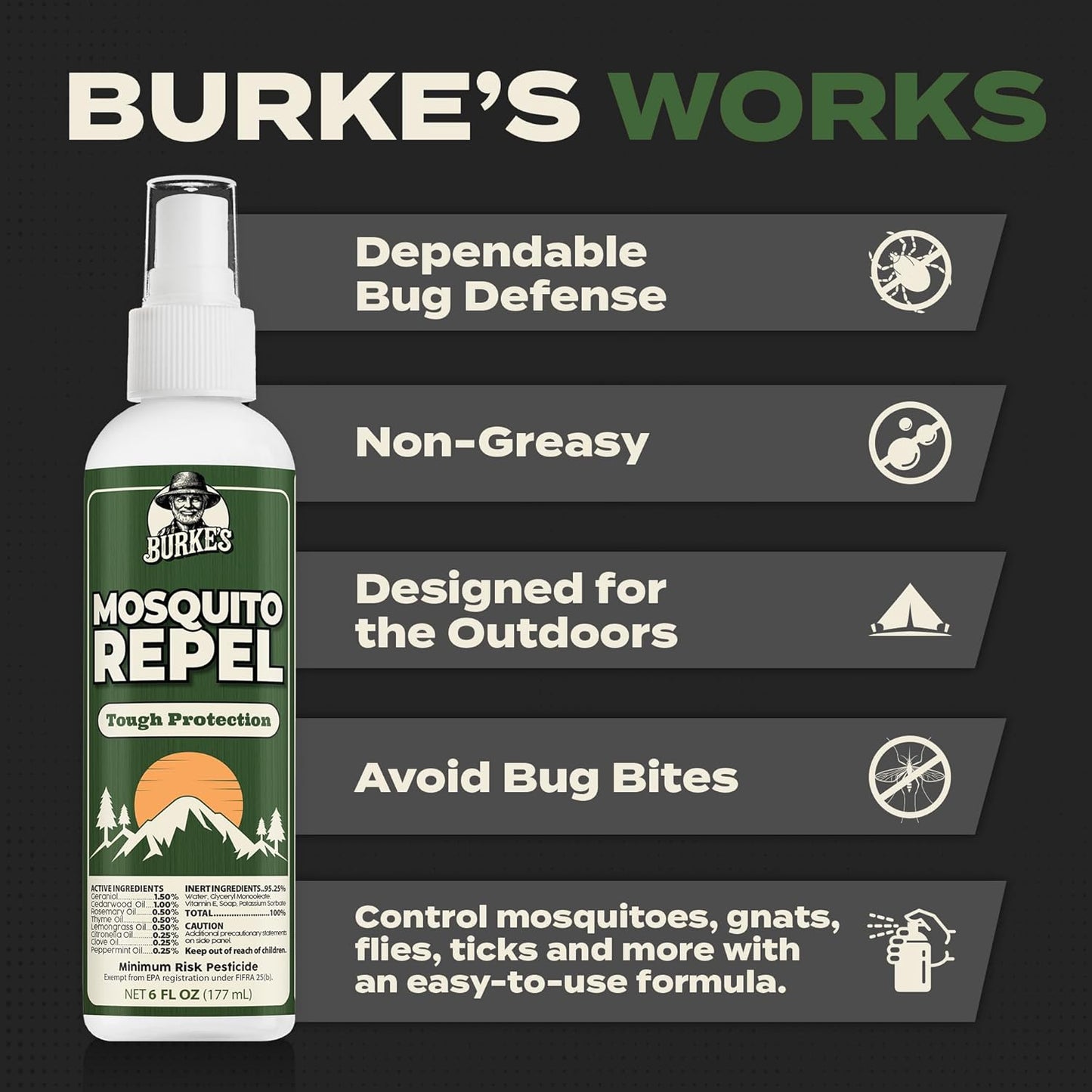 Burke's Mosquito Repel Spray, DEET-Free Mosquito Repellent for Skin & Outdoor Protection, 6 oz (180mL)
