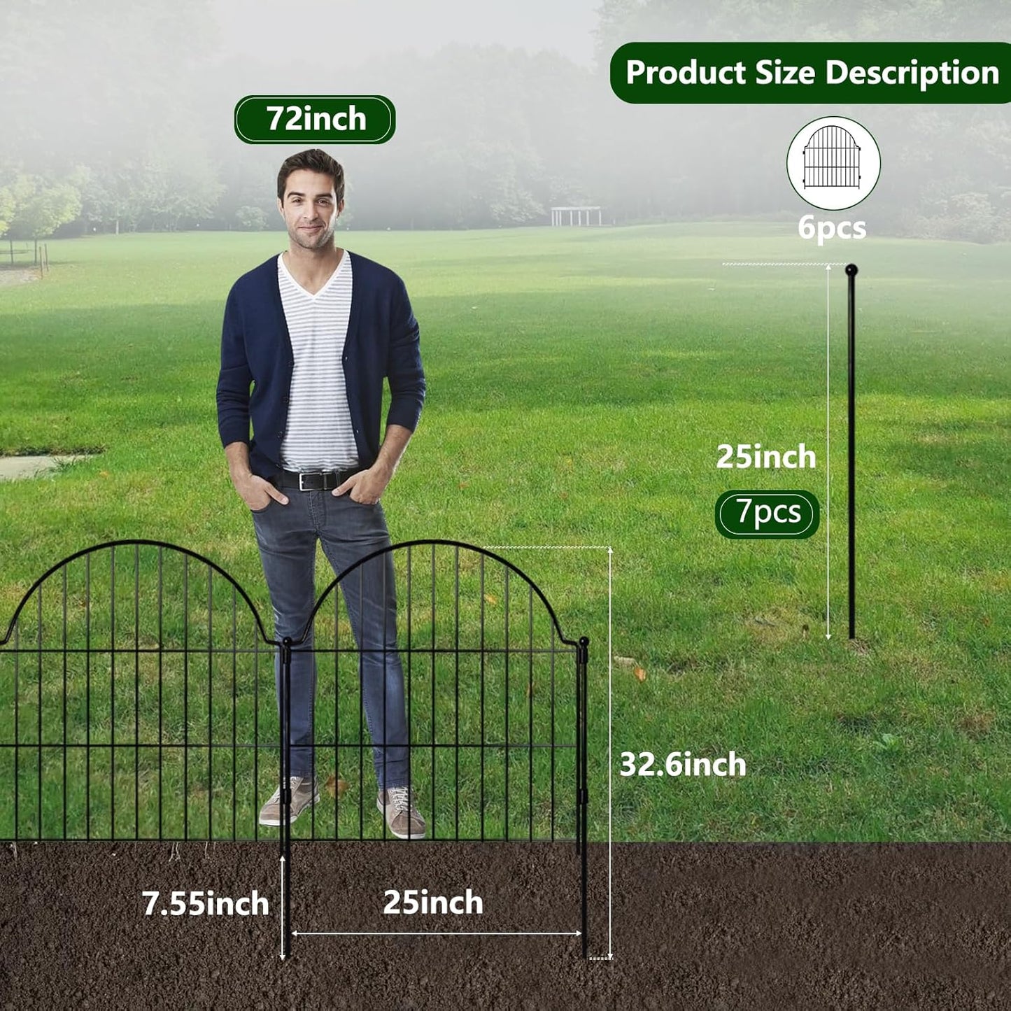 Decorative Metal Garden Fence 6 Panels, 25in (H) x 12.2ft (L) No Dig Outdoor Dog Fence Panels, Easy Install Temporary Fencing for Yard, Rustproof Wire Garden Border