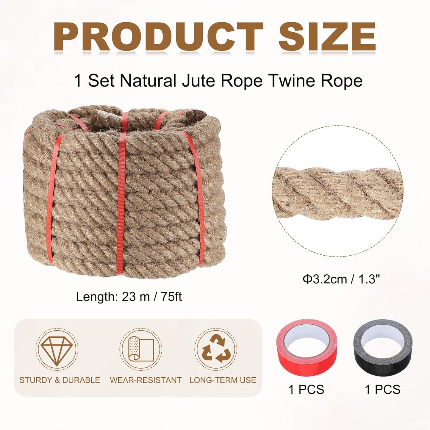 MECCANIXITY Jute Rope 1.3 Inch x 75ft, Thick Twine Rope Ropes Braided Jute Twine Natural Brown Burlap Cord String Heavy Twisted with Tapes for Decorative Crafts Railing Swing Tug of War