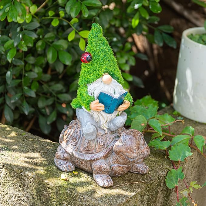 Garden Gnome Sitting on Turtle Outdoor Statues and Sculpture with Solar Lights, Garden Gnome Solar Statues and Turtle Figurines for Patio Yard Lawn Porch Decorations