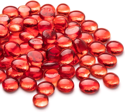 Meschett 50PCS Mini Glass Gems,Red Mancala Stones Flat Bottom Marble Beads for Home Decorative Art Craft Vase Filler(0.5"~0.7")