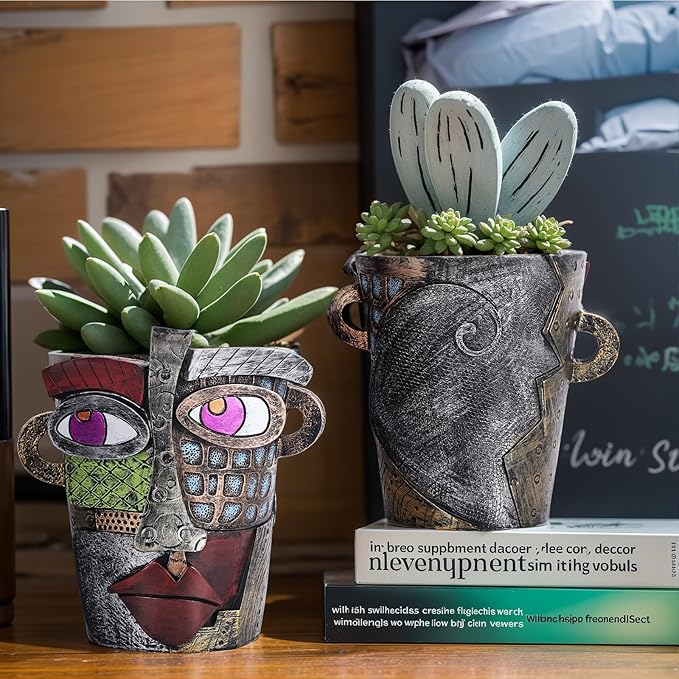 LCCCK Colorful Face Planter Funky Head Planters for Indoor Plants, Succulent Pots with Drainage for Home Unique Decor, Large Abstract Flower Pots for Indoor Outdoor Garden Cute Plant Decor