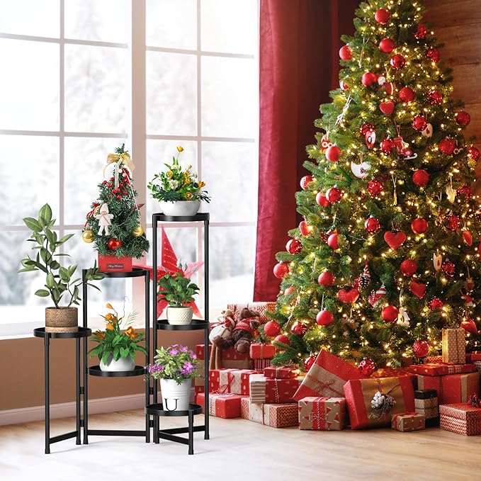 MOKANI Metal Plant Stand Indoor Outdoor for Multiple Plants, 6 Tiered Folding Corner Shelf Tall Flower Pot Holder Display Rack for Patio Living Room Balcony Garden, Black