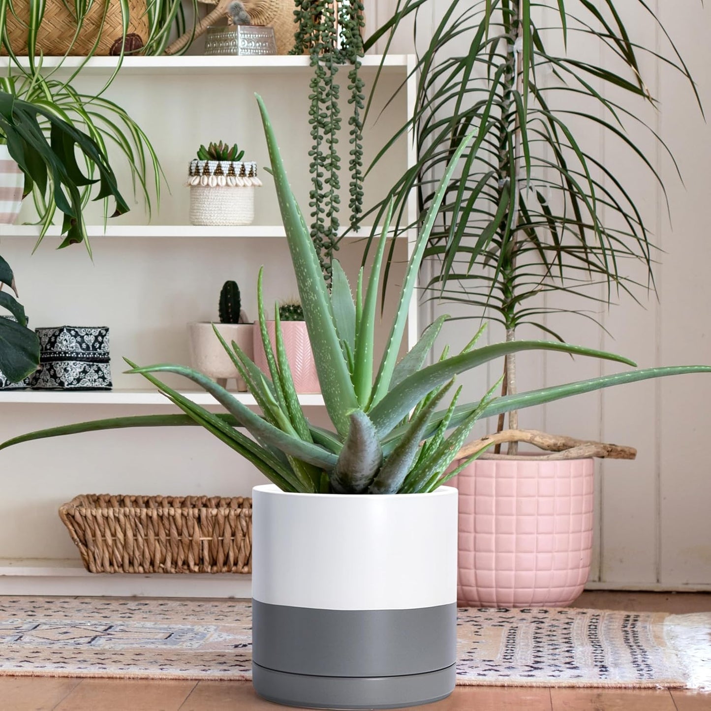 D'vine Dev Set of 2 Plants Pots, 10 Inch Ceramic Planter Pot for Plants with Drainage Hole and Saucer, White/Speckled Grey, 94-V-E-6