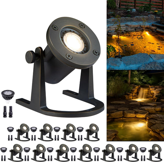 Solid Brass Underwater Pond Light - 12V Low Voltage IP68 Submersible Bronze Fixture, with 5000K MR16 LED for Outdoor Pond Fountain Waterfall Landscape Lighting(12 Pack)