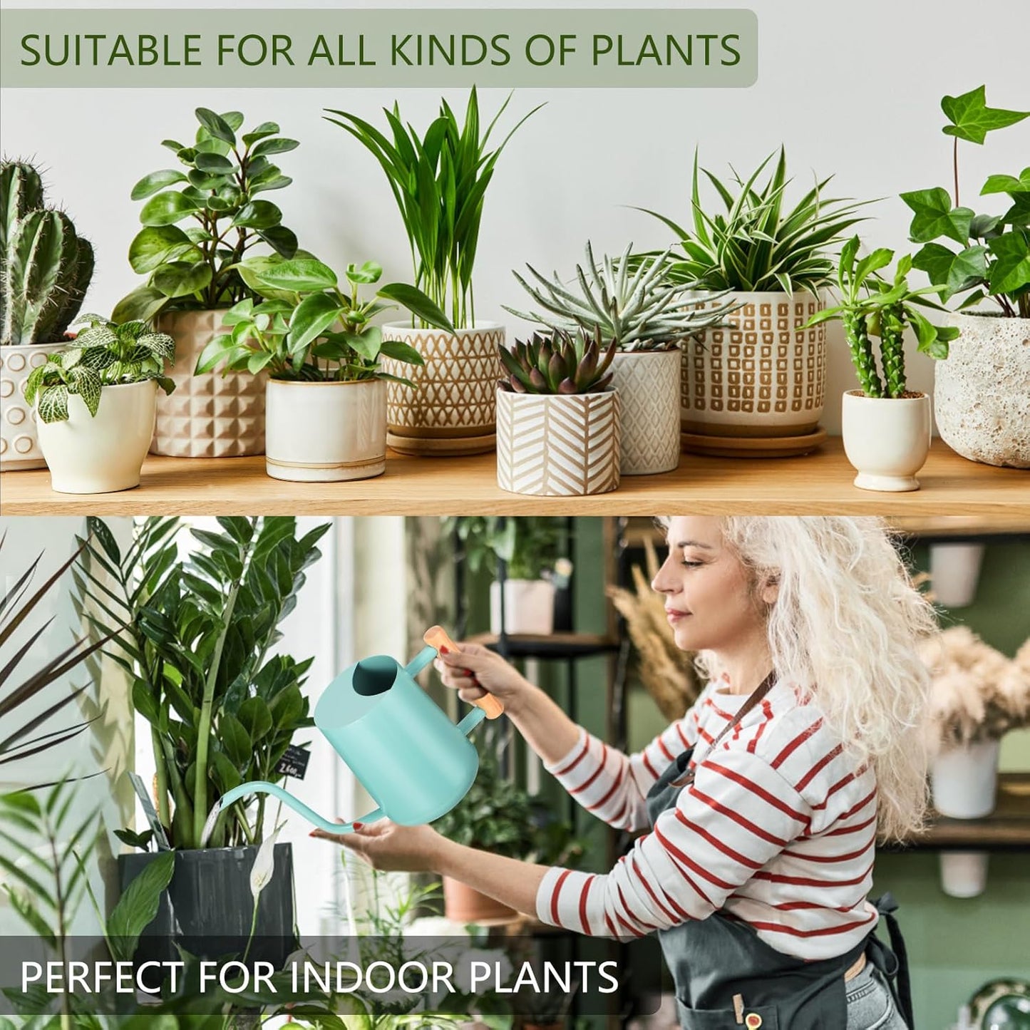 Watering Can Indoor Plants, 35oz Small Indoor Stainless Steel Metal Watering Can Modern Decorative Watering Pot with Long Spout for Indoor House Plant Bonsai Outdoor Garden Flowers -Green