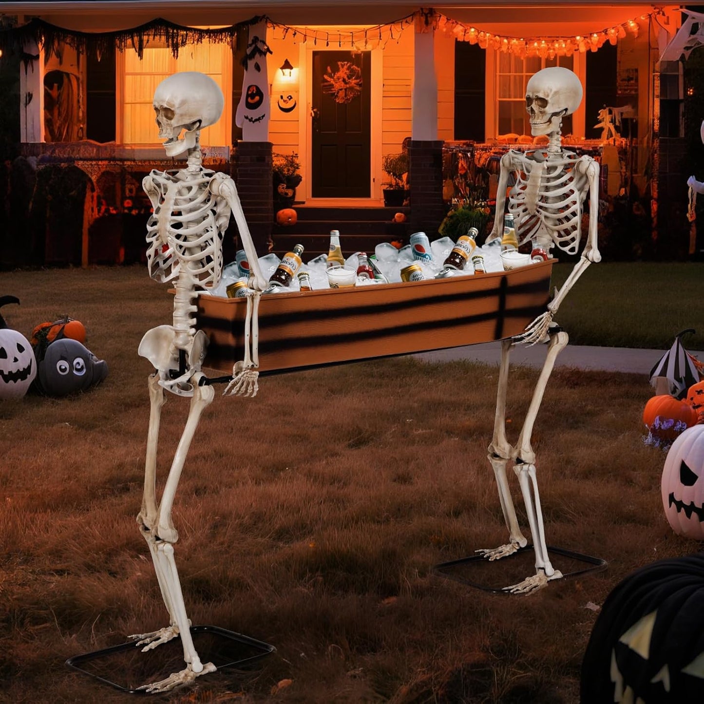 Quntis Halloween Outdoor Party Decoration - 5ft Skeleton Carrying Coffin [Last for Seasons] - Realistic Life Size Undead Pallbearers Drink Cooler - Spooky Graveyard Halloween Display