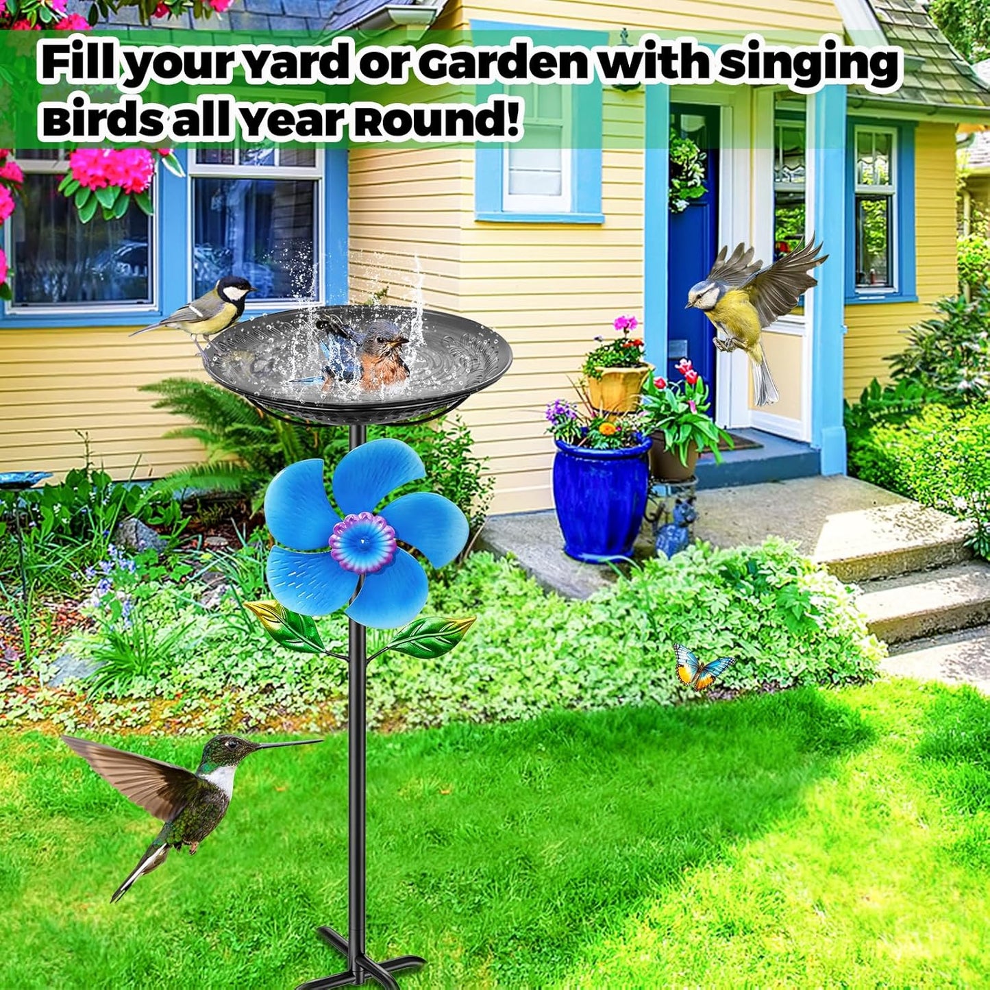 48.8“ Metal Bird Bath for Outside, Detachable Birdbath & Birdfeeder Feeder Bowl with Wind Spinner, Vintage Bird Baths for Outdoors Garden Yard Lawn Decor (Black+Windmill)
