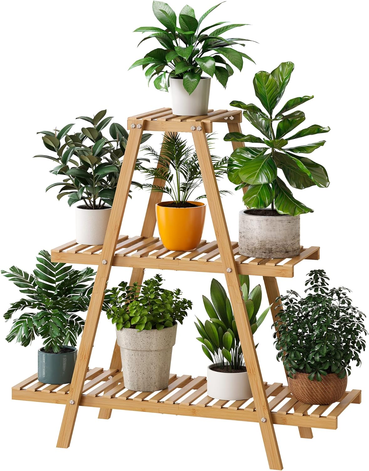 Bamboo Plant Stand - Indoor/Outdoor 3 Tier Plant Ladder, 8 Potted Flower Holder, Natural