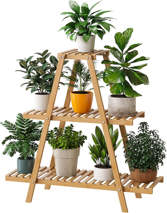 Bamboo Plant Stand - Indoor/Outdoor 3 Tier Plant Ladder, 8 Potted Flower Holder, Natural