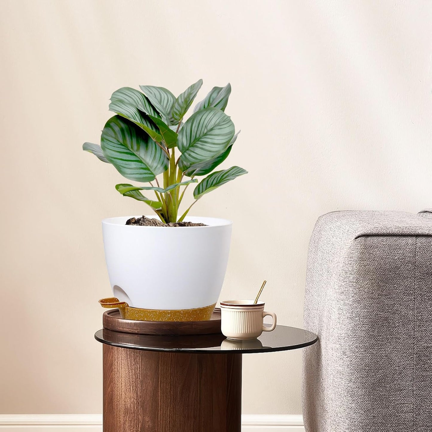 8 inch Self Watering Pots, 2 Pack Plastic Planters with Mesh Drainage Holes for Garden Plants and Flower, Plants Pots with Deep Reservoir for Indoor Outdoor Plants, White with Brown