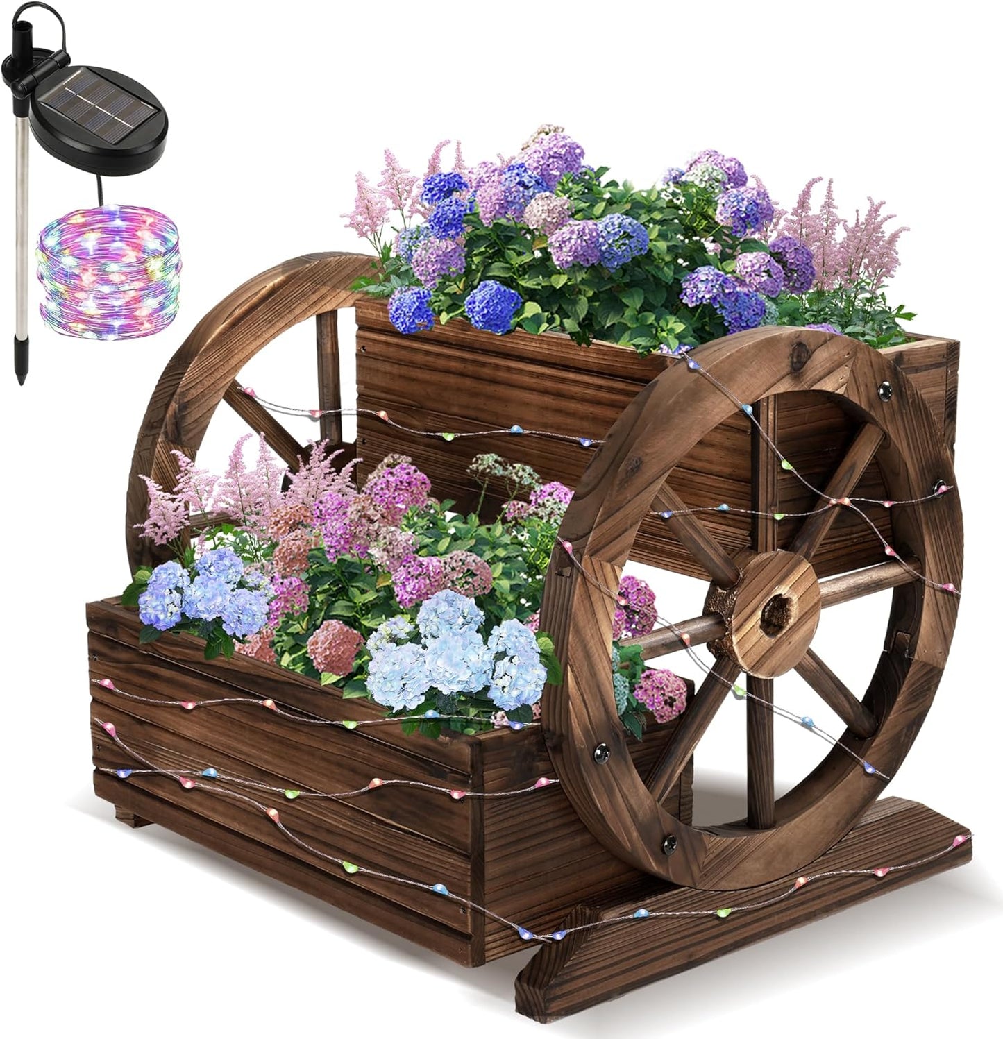 Wooden Wagon Planter Box with Solar Light, Garden Planter with Wheels,Decorative for Flowers Herbs Vegetables for Indoor & Outdoor Decor,Wooden Flower Cart for Patio Garden Balcony