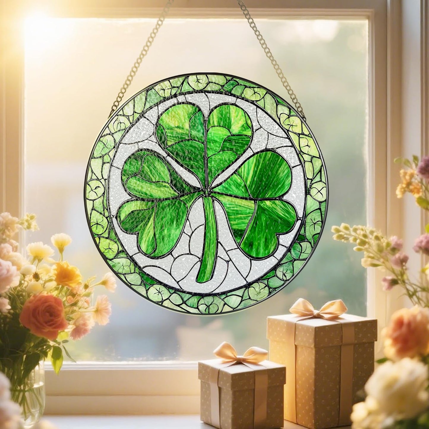 Stained Glass Window Hanging, 8 Inch Shamrock Stained Glass Suncatcher, Sun Catcher Decor, Window Hanging Decor, St. Patrick's Day Decoration, Shamrock Gifts, Irish Gift, Gifts for Women Men
