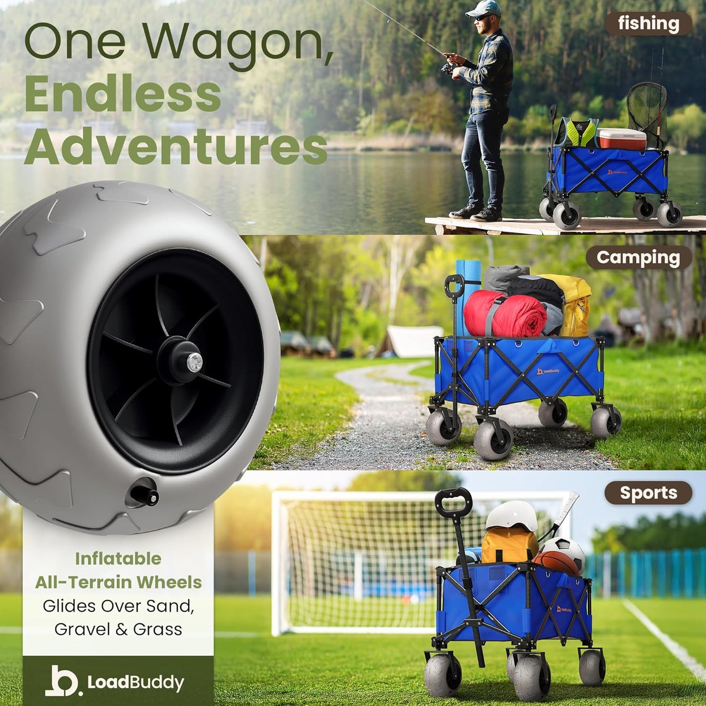 Beach Wagon with 9" Balloon Wheels & Fishing Rod Holders – Foldable Cart for Sand with Inflatable Tires, Bonus Pump & Spare – Heavy Duty Utility Wagon - Blue/Blue