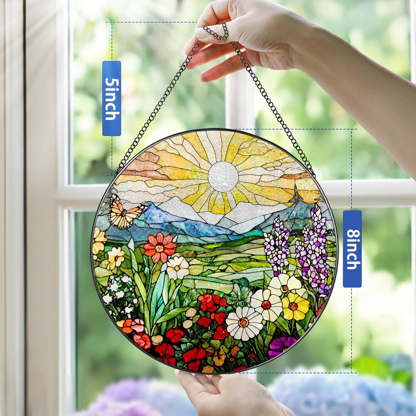 8 Inch Mountain Wildflowers Stained Glass Suncatcher, Suncatchers for Windows Hanging, Window Decor, Grandma Mom Gift for Her, Mother's Day Christmas Birthday