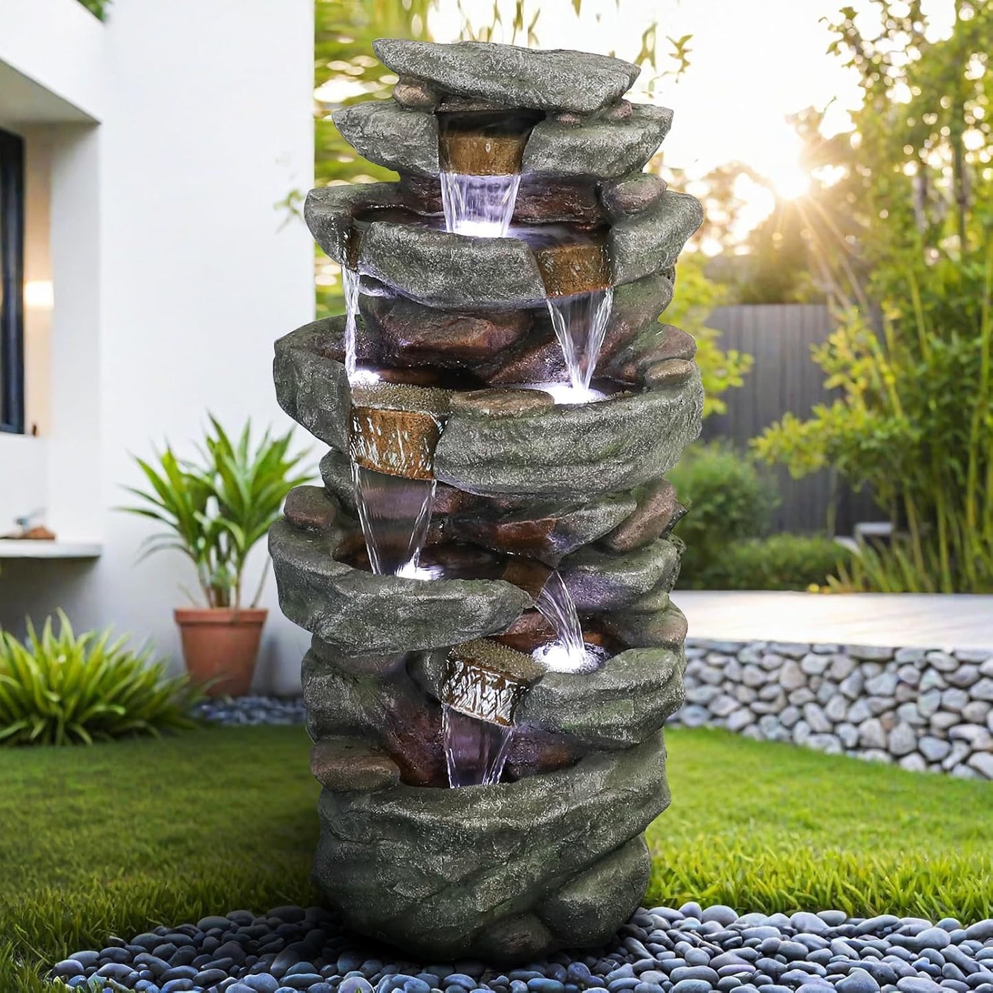 6-Tier Rockery Outdoor Fountain - 40.5”High Outdoor Waterfall Fountain with Lights for Home&Office Decor, Stacked Rock Cascading Relaxation Garden Features Outdoor for Patio, Yard, Deck