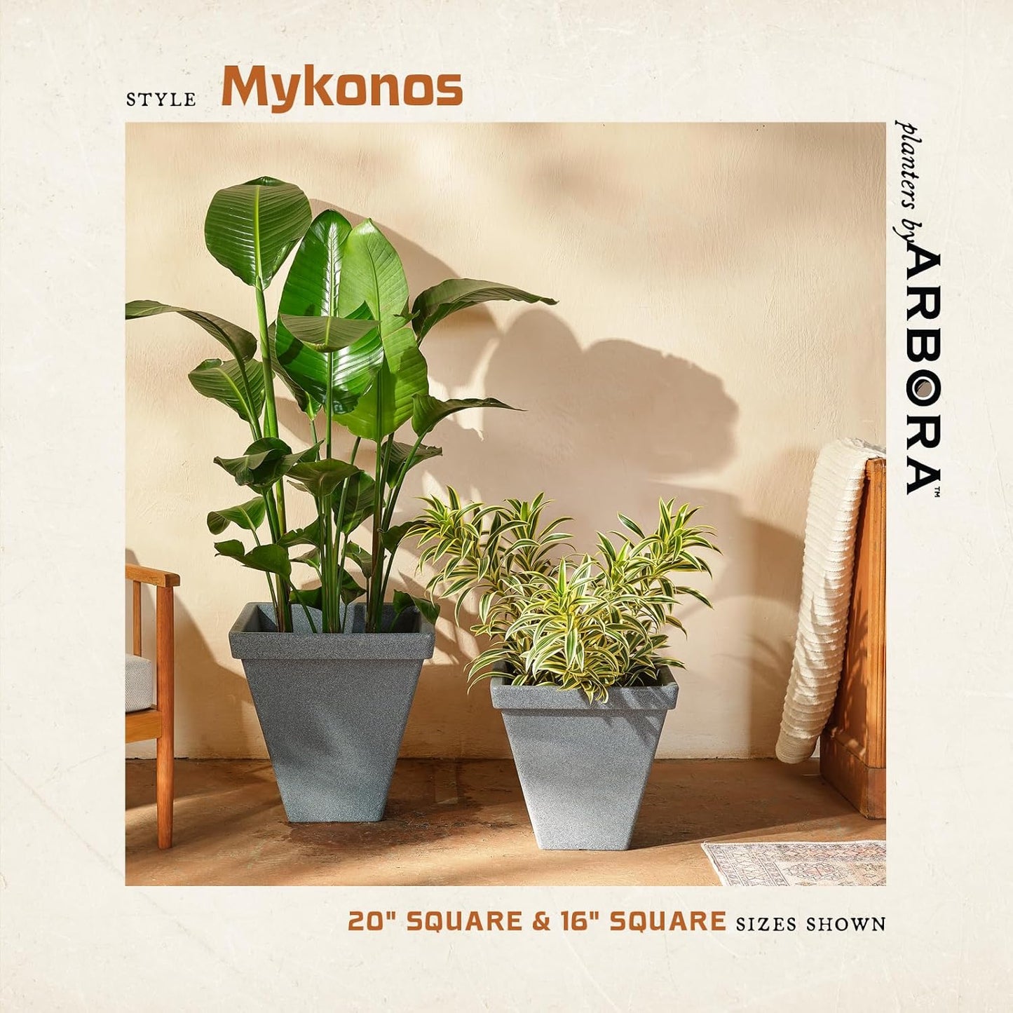 ARBORA 16" Mykonos Square Polyresin Indoor and Outdoor Planter with Stone Blend Concrete Finish - Durable, Weatherproof, Lightweight, Large Plant Pot for Patio, Garden, Deck, Entryway