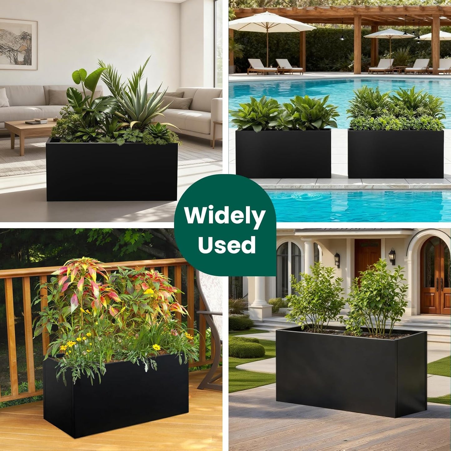 Black Planter Box Galvanized Steel Metal Planter Rectangular Indoor Large Outdoor Planters Steel Metallic Heavy Flower Pot 36In x 12In x 16In Commercial Residential for Patio, Deck, Backyard, Garden
